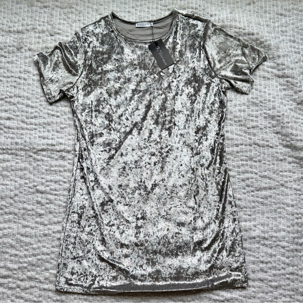NWT Women's Summer Short Sleeve Silver Crushed Velvet Mini Short Dresses Size L